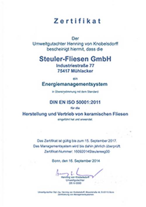 Zertifikat Energiemanagementsystem nach ISO50001 für Steuler-Fliesen Mühlacker