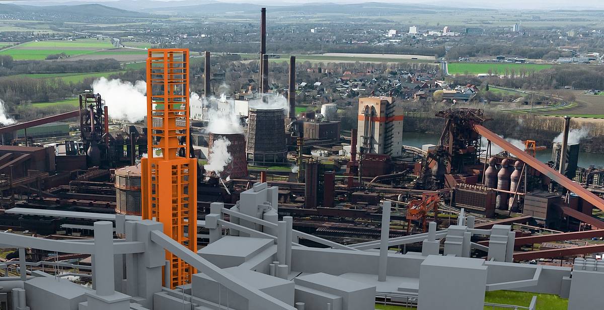 Animation der SALCOS-Direktreduktionsanlage. Im Hintergrund das Stahlwerk der Salzgitter AG.
