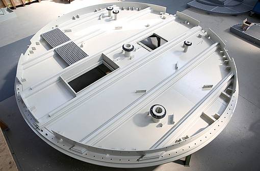 Assembled individual parts of a PP lid for a sedimentation tank in an acid treatment plant