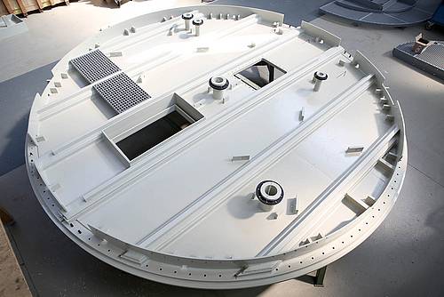 Assembled individual parts of a PP lid for a sedimentation tank in an acid treatment plant