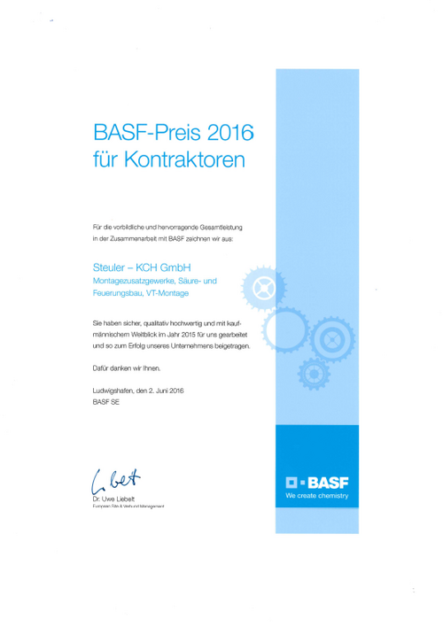 Certificate of the BASF Award 2016 for contractors to STEULER-KCH