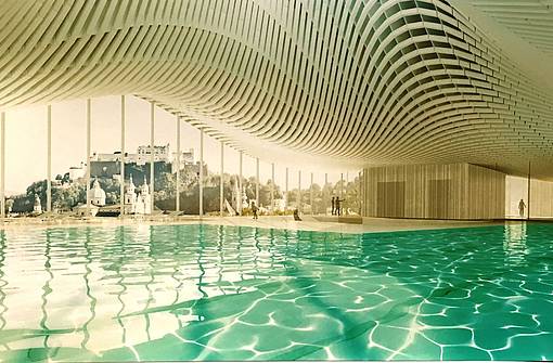 Graphic interior view of the Paracelsusbad Salzburg, lined with Steuler Pool Linings
