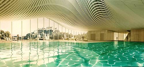 Graphic interior view of the Paracelsusbad Salzburg, lined with Steuler Pool Linings