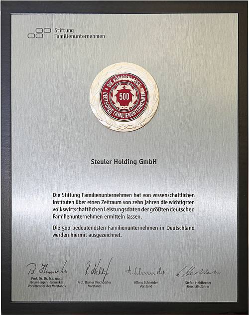 Certificate Steuler Holding as one of the 500 most important German family companies
