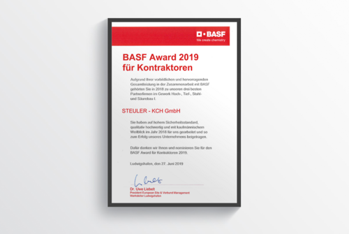 Urkunde BASF Award 2019 für Kontraktoren der BASF an STEULER-KCH