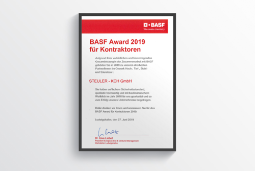 BASF Award 2019 certificate for BASF contractors to STEULER-KCH